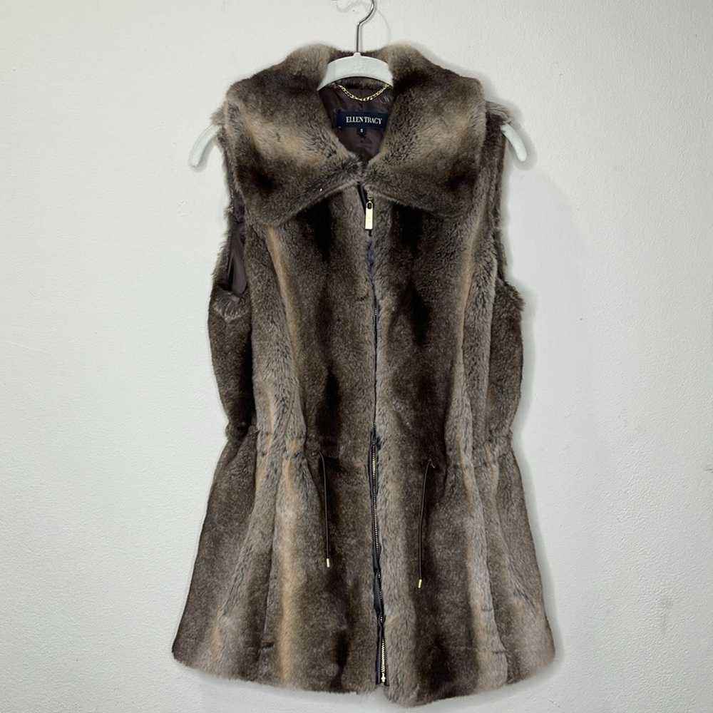Ellen Tracy Taupe Brown Faux Fur Zip-Front Vest